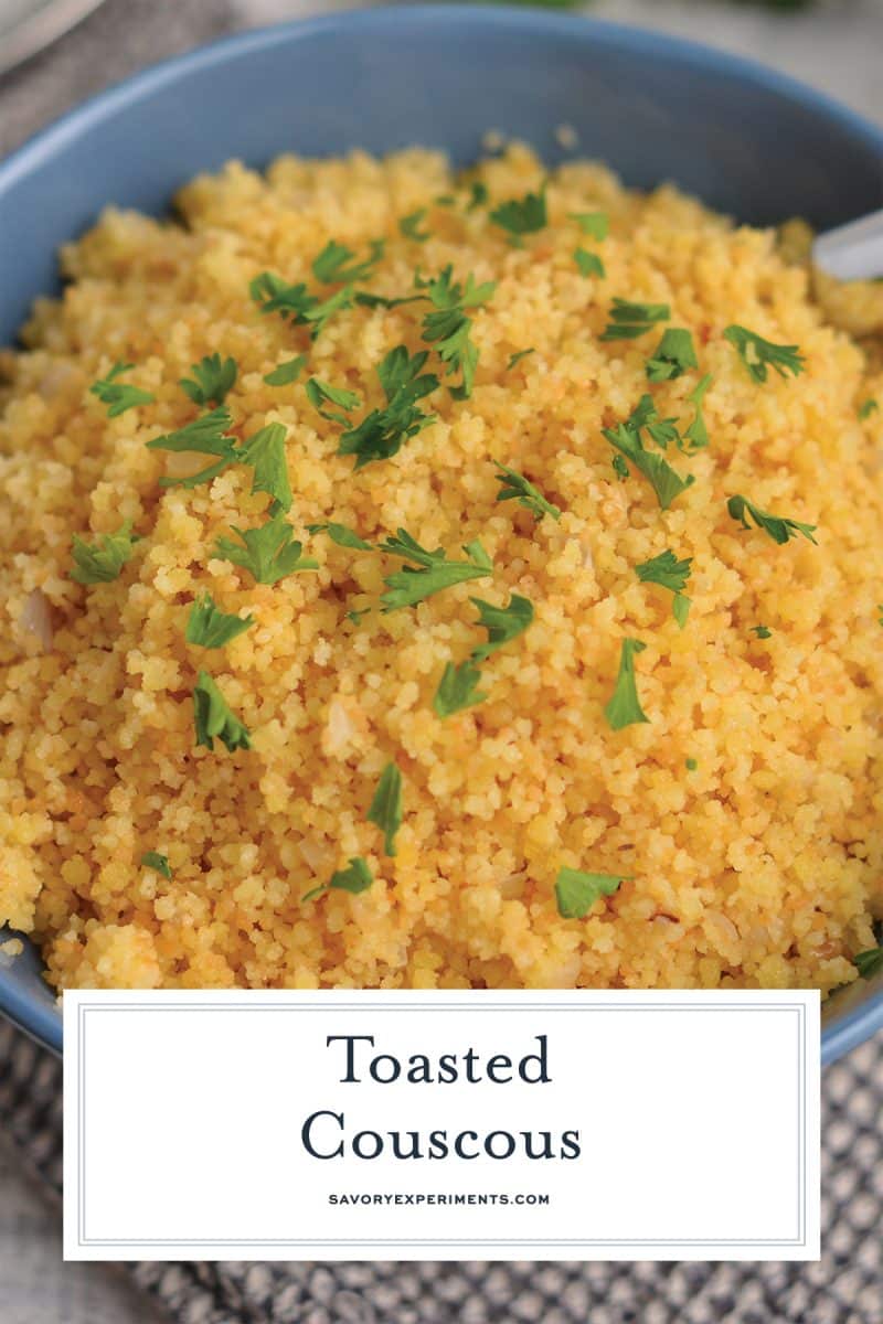 close up of couscous with parsley on top