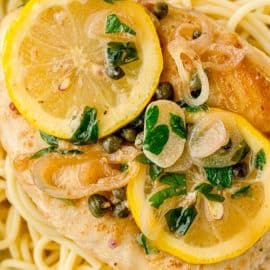 close up of piccata on spaghetti