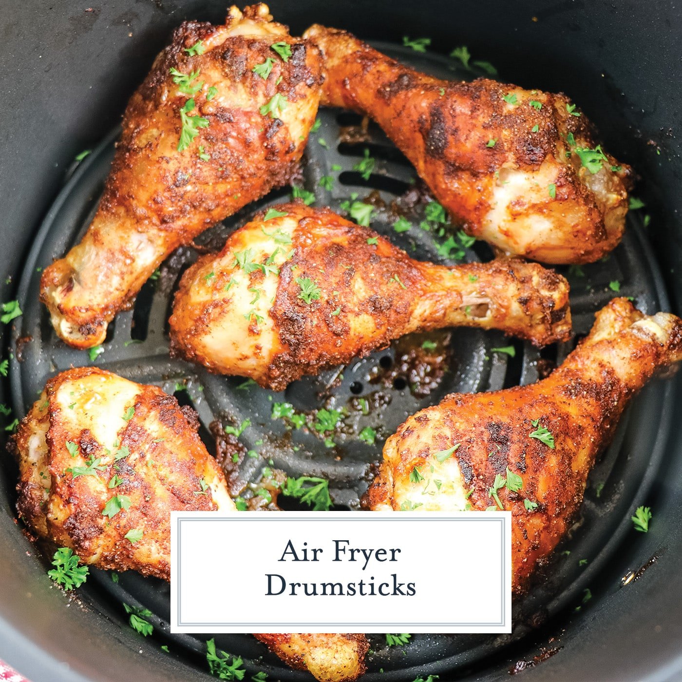 chicken wings in air fryer with text overlay for facebook