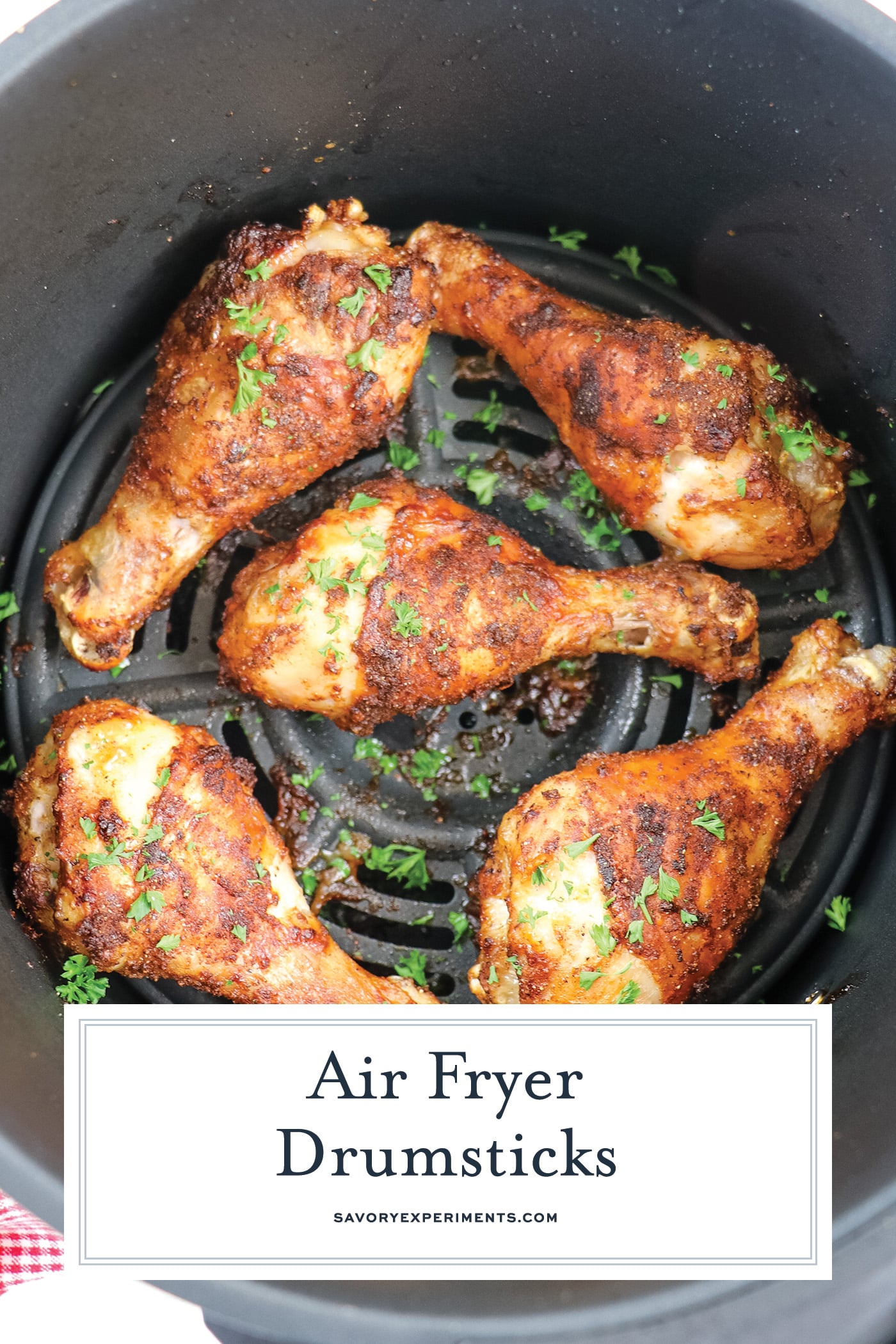 drumsticks in air fryer with text overlay for pinterest