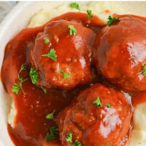 close up of meatballs in bbq sauce