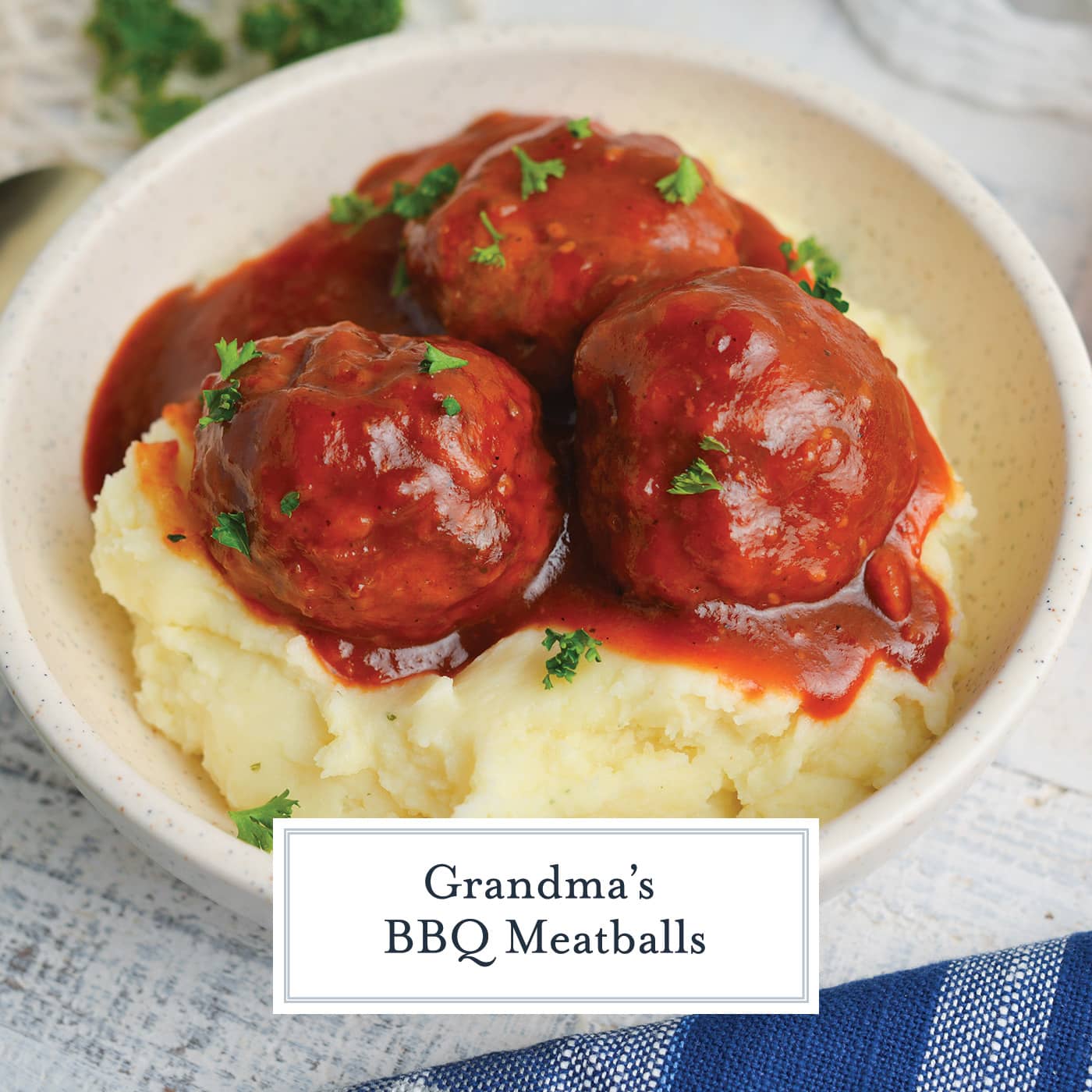 bowl of bbq meatballs with mashed potatoes with text overlays