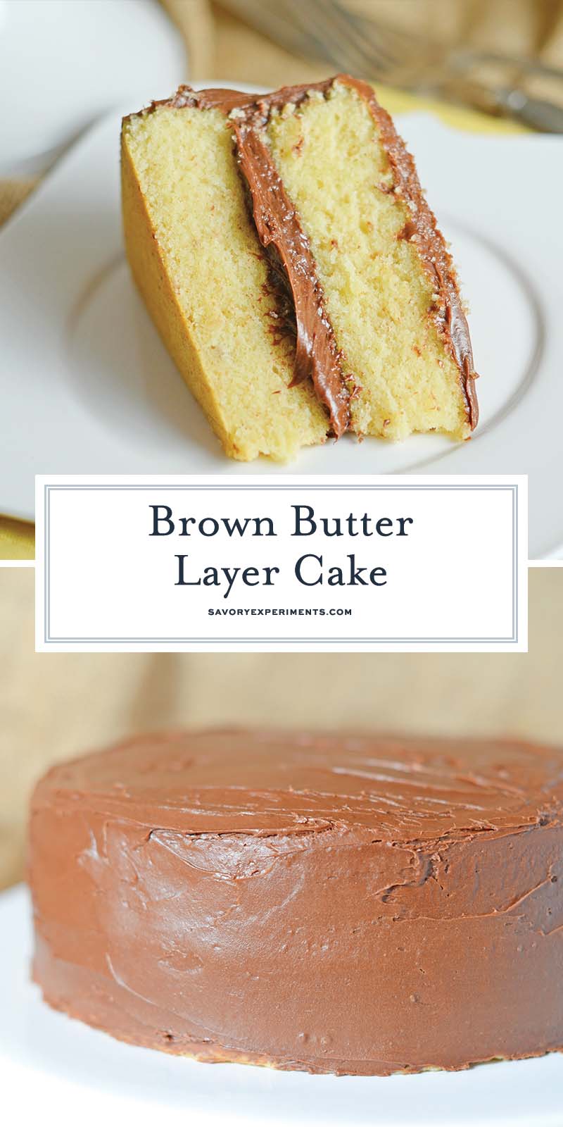 collage of brown butter cake with chocolate frosting