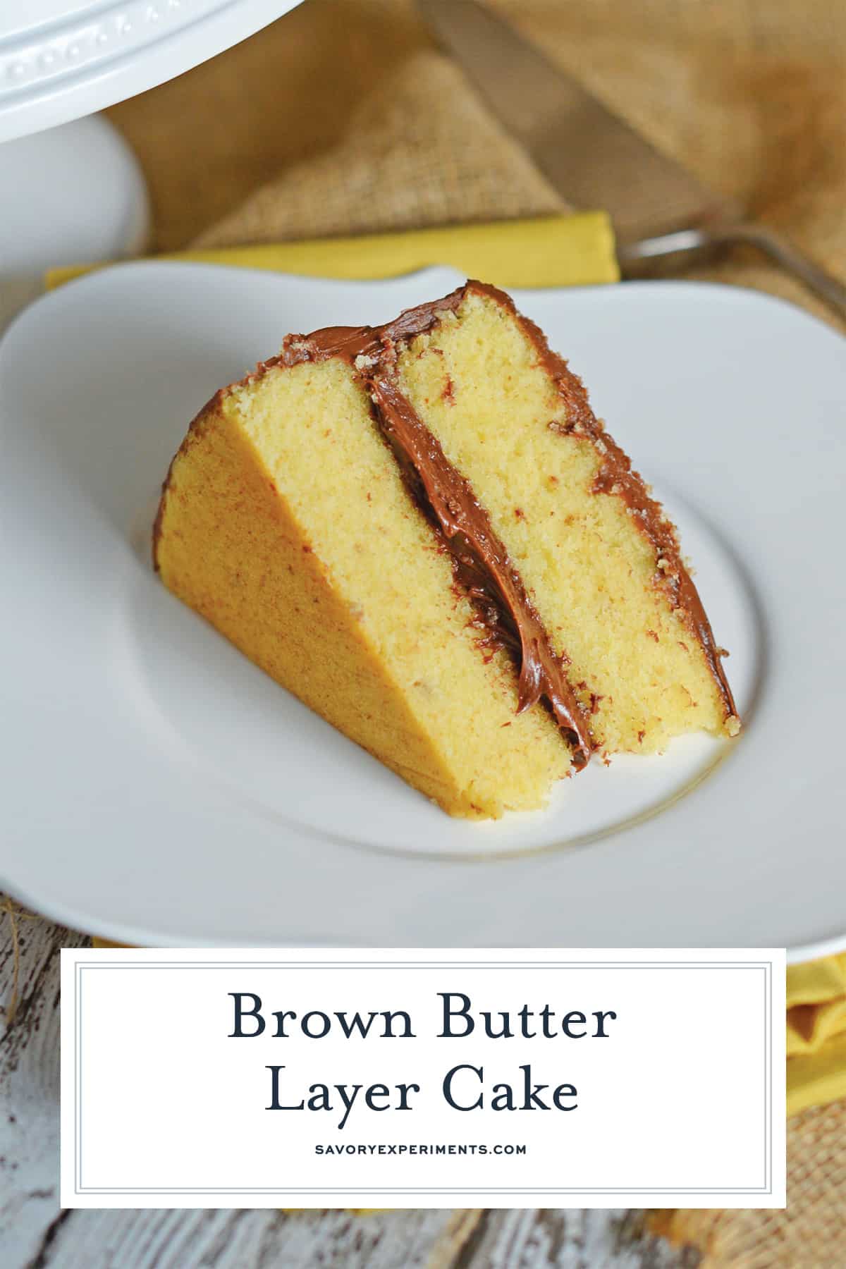 slice of brown butter cake with chocolate frosting