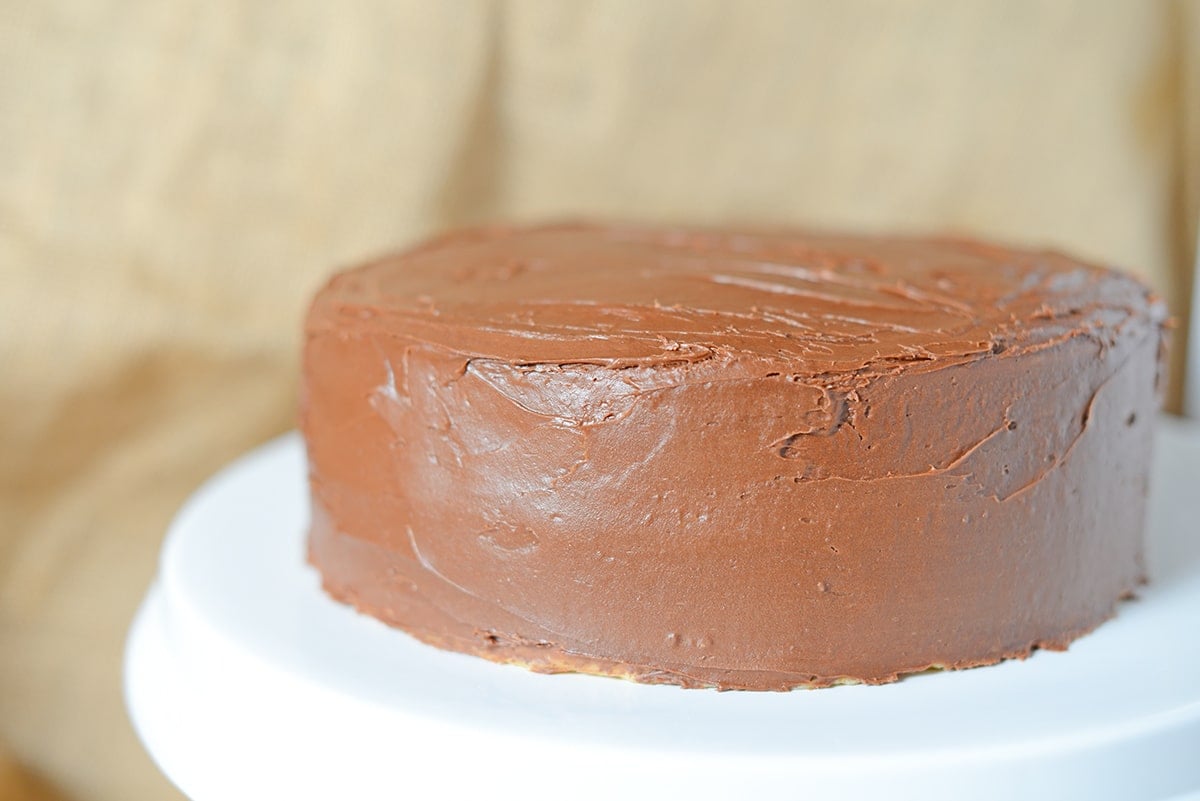 two layer cake with chocolate frosting