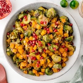 overhead shot of bowl of brussels sprout salad