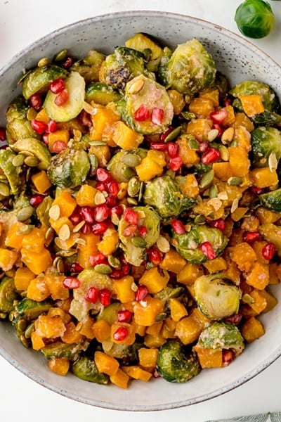 overhead shot of bowl of brussels sprout salad