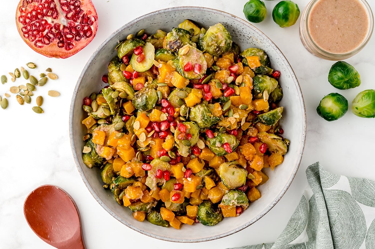 overhead shot of bowl of brussels sprout salad