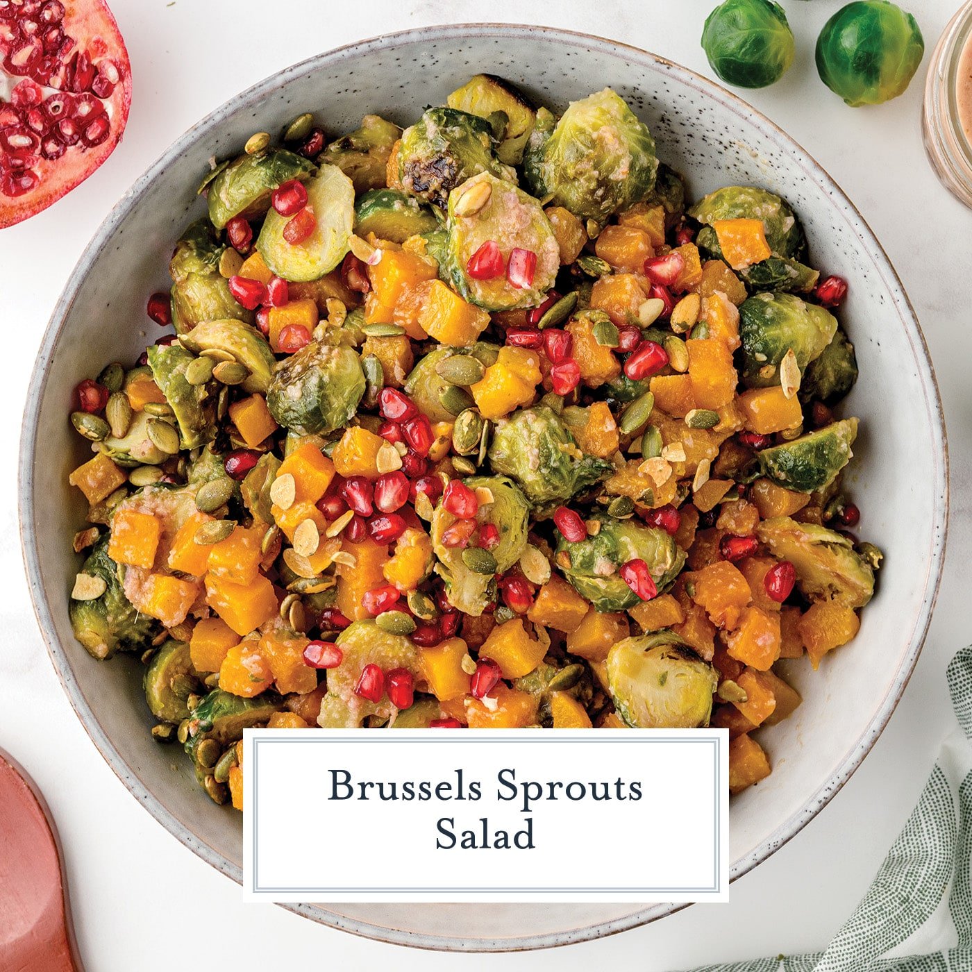 bowl of brussels sprout salad with text overlay for facebook