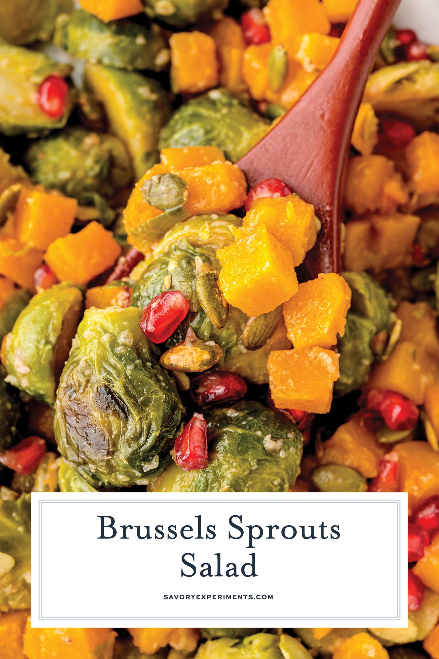 spoonful of brussels sprout salad with text overlay for pinterest