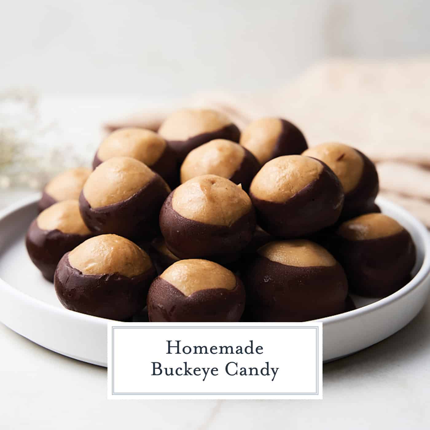 buckeyes on a plate with text overlay for facebook