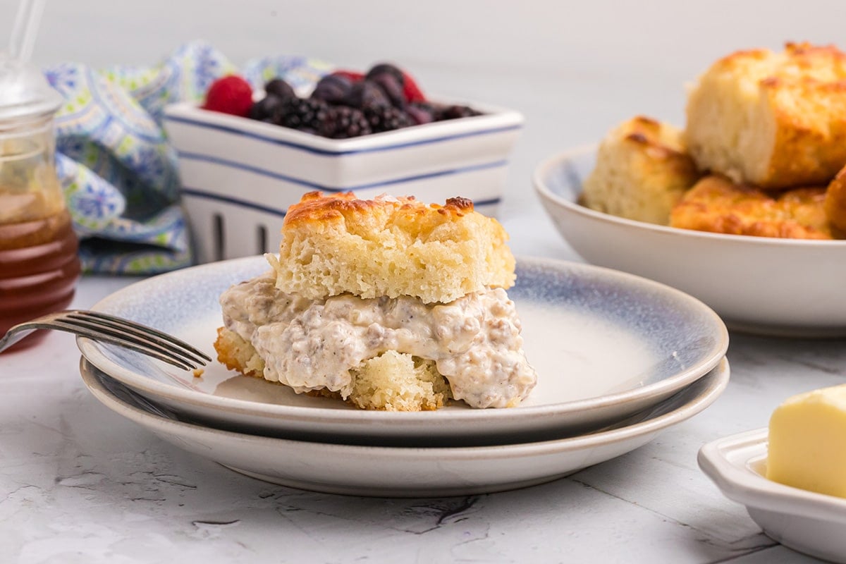 biscuits and gravy on a small serving plate