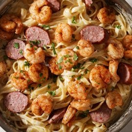 overhead shot of cajun shrimp alfredo in a pan