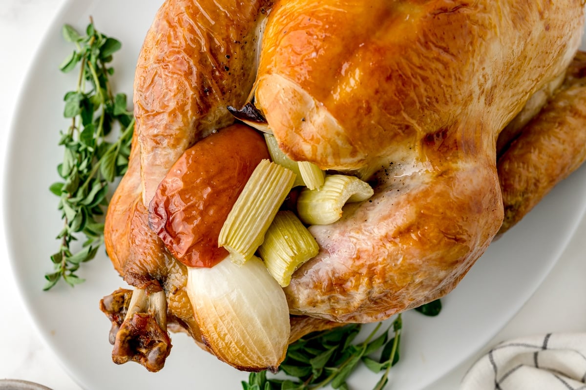 close up of a cooked turkey with apple, celery and onion stuffing