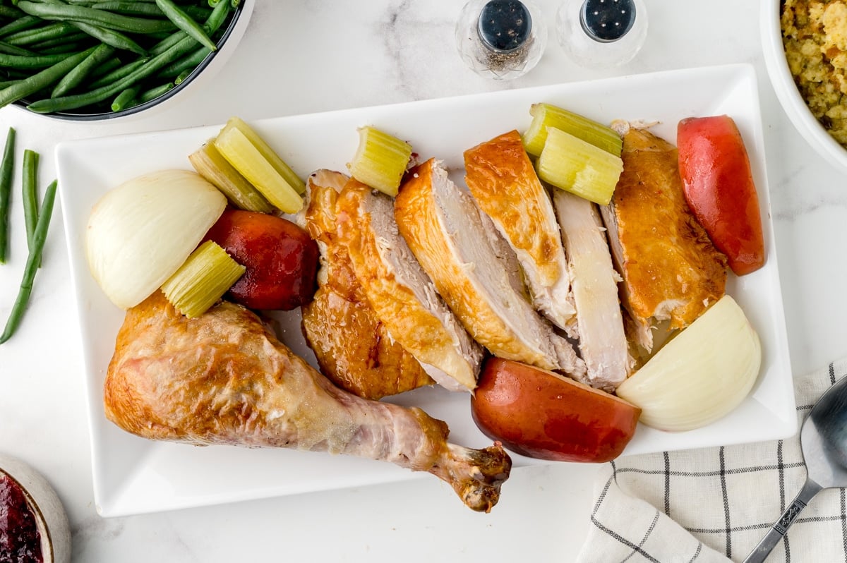 sliced turkey on a serving platter