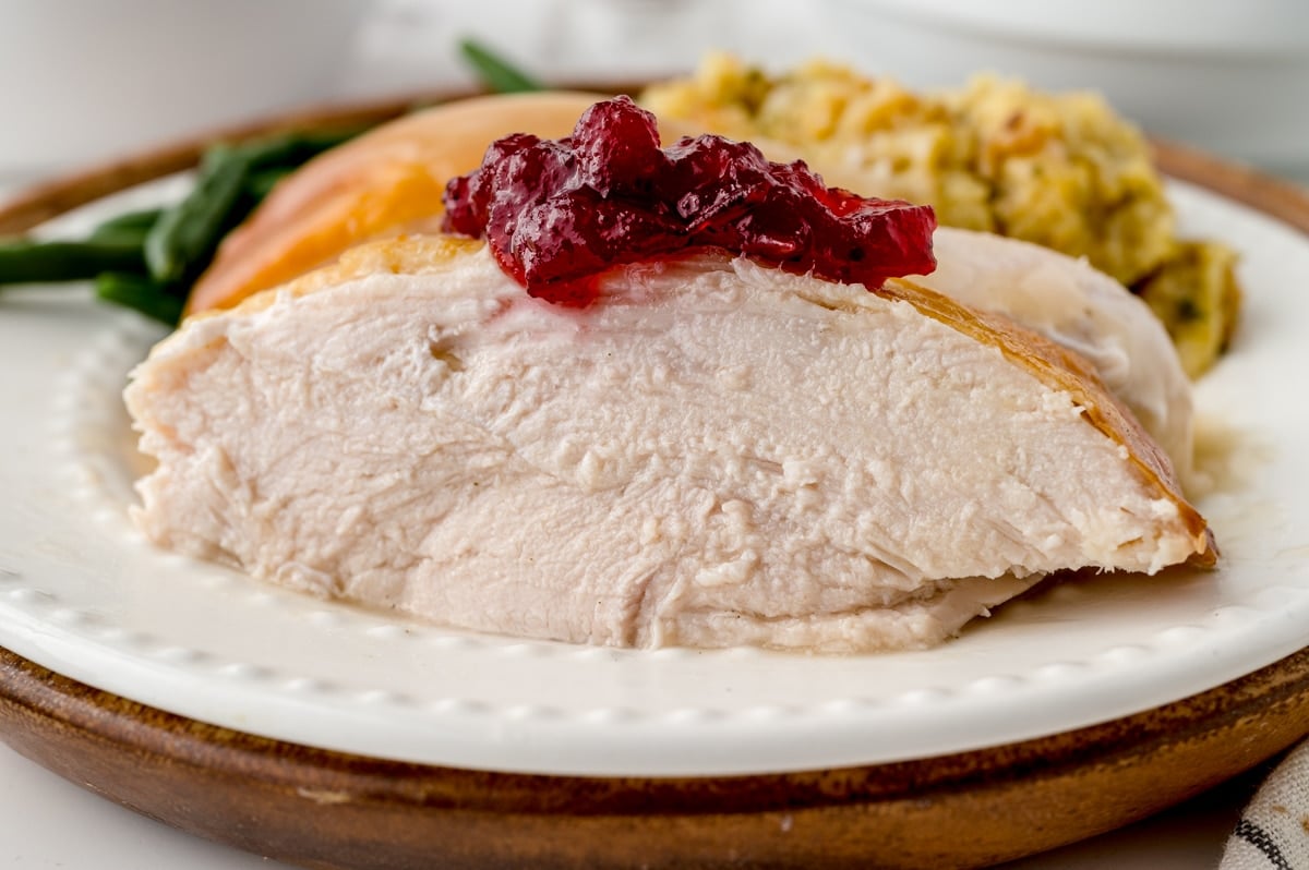 slice of turkey with cranberry sauce