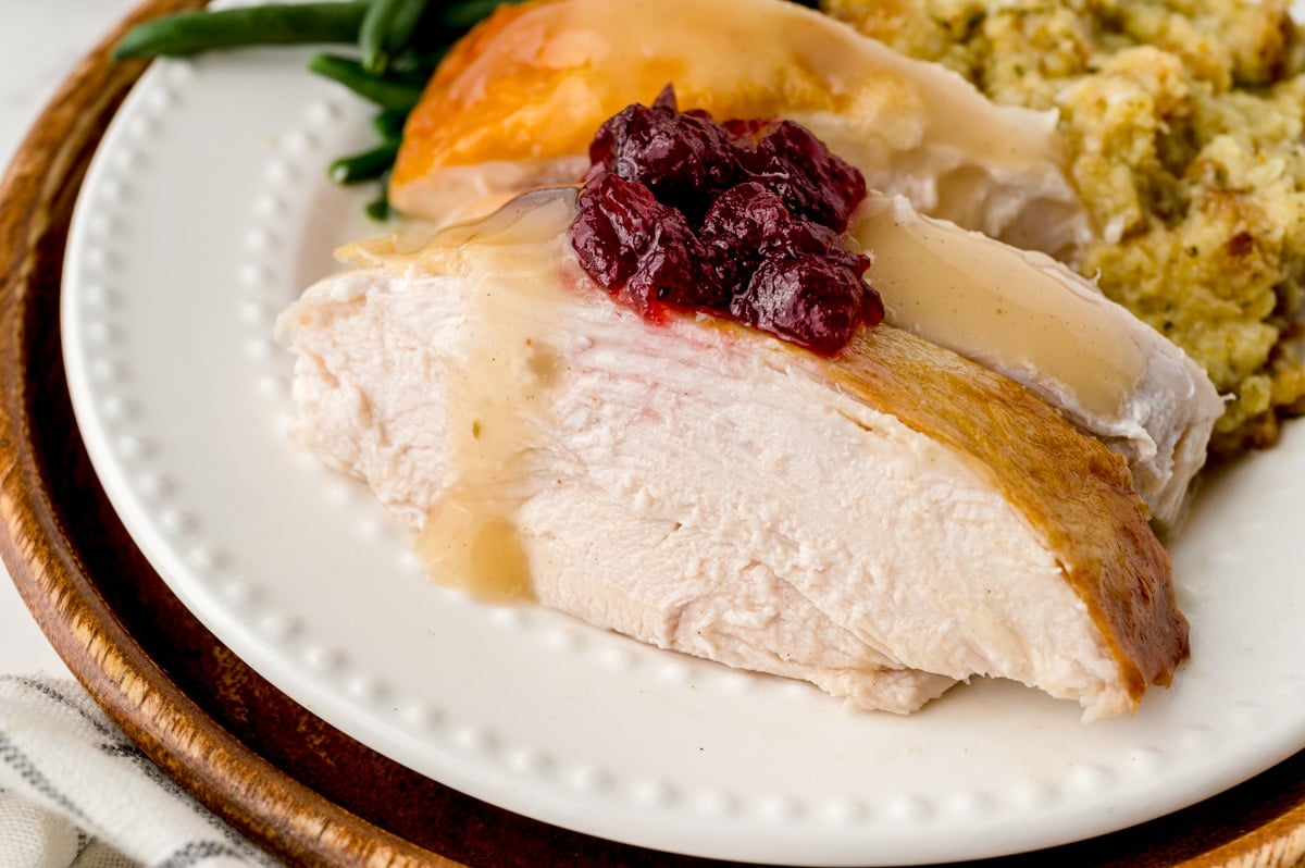 turkey with gravy and cranberry sauce
