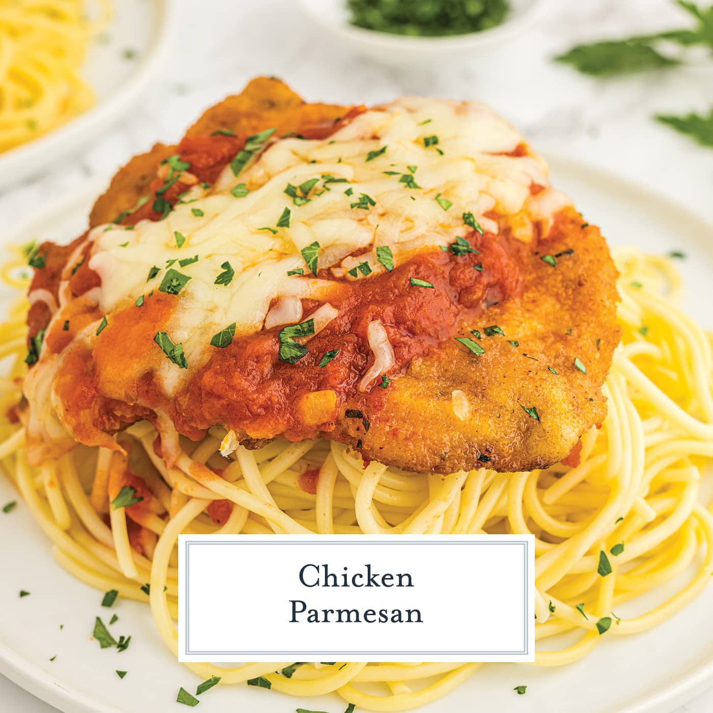 parmesan chicken on top of pasta with text overlay for facebook