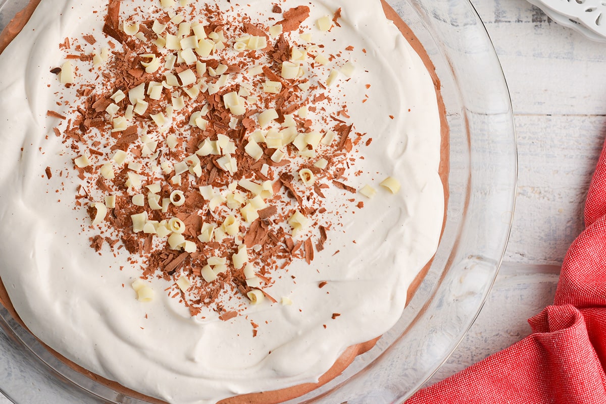 close up of chocolate cream pie with chocolate shavings