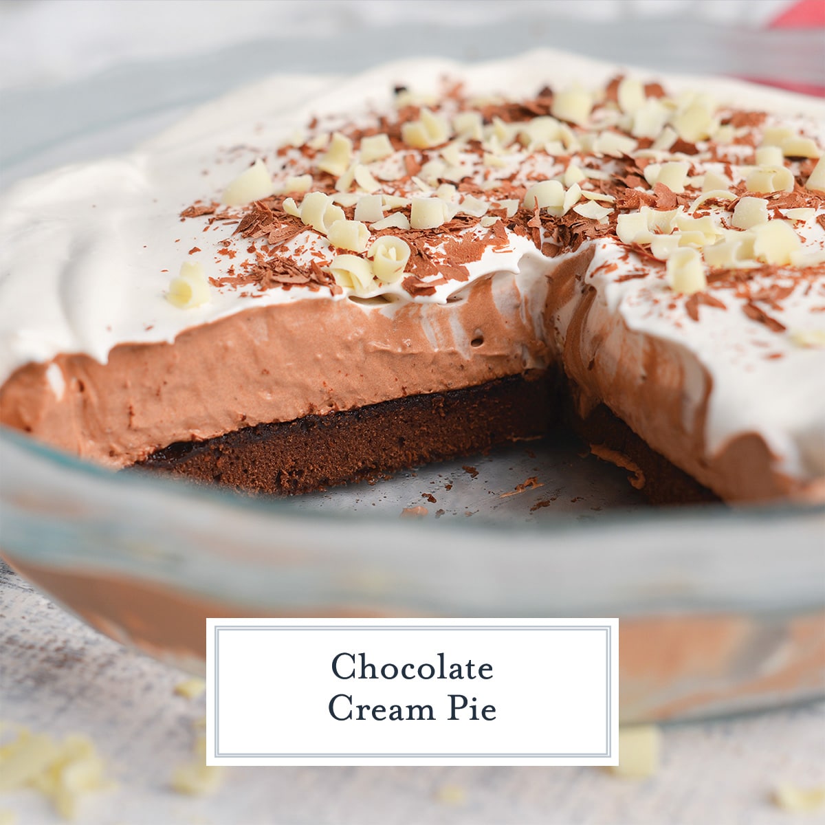 chocolate cream pie with text overlay