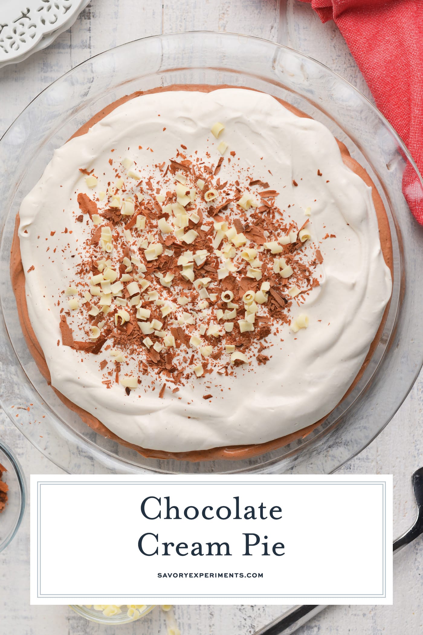 overhead of chocolate cream pie recipe with text overlay