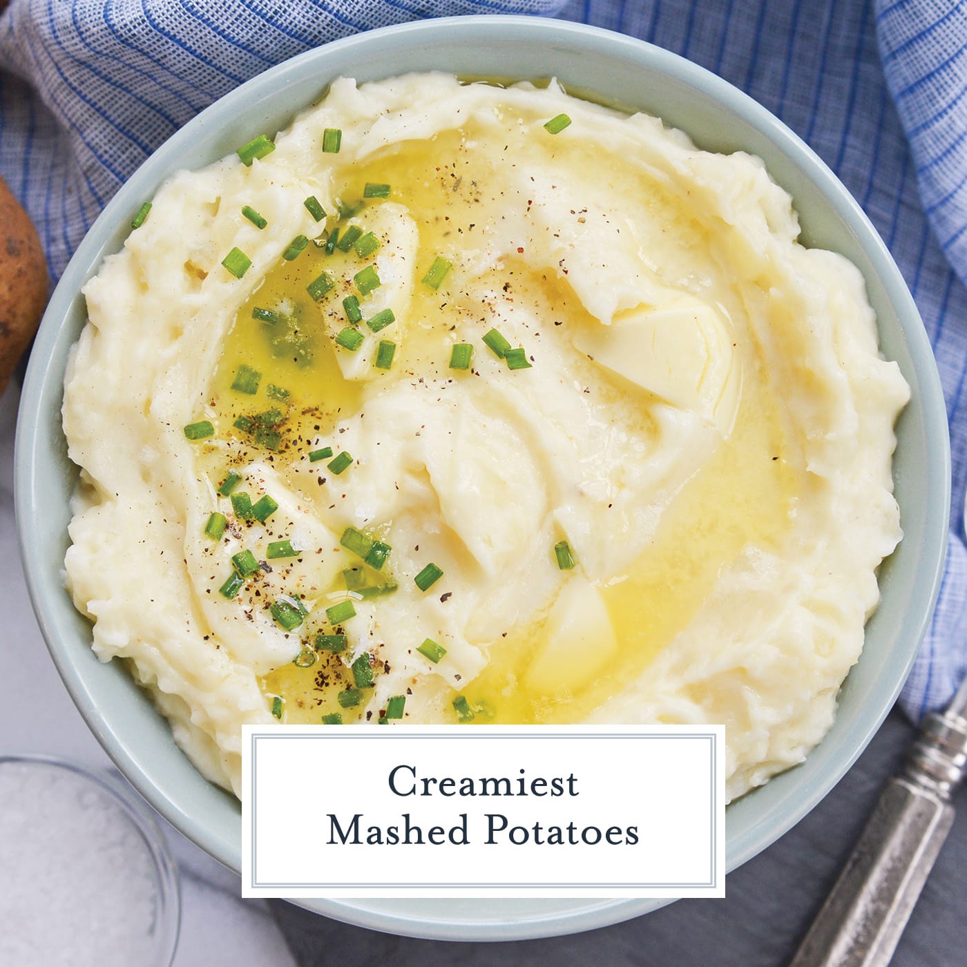 creamy mashed potatoes with text overlay