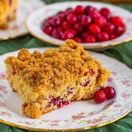 close up of slice of cranberry coffee cake