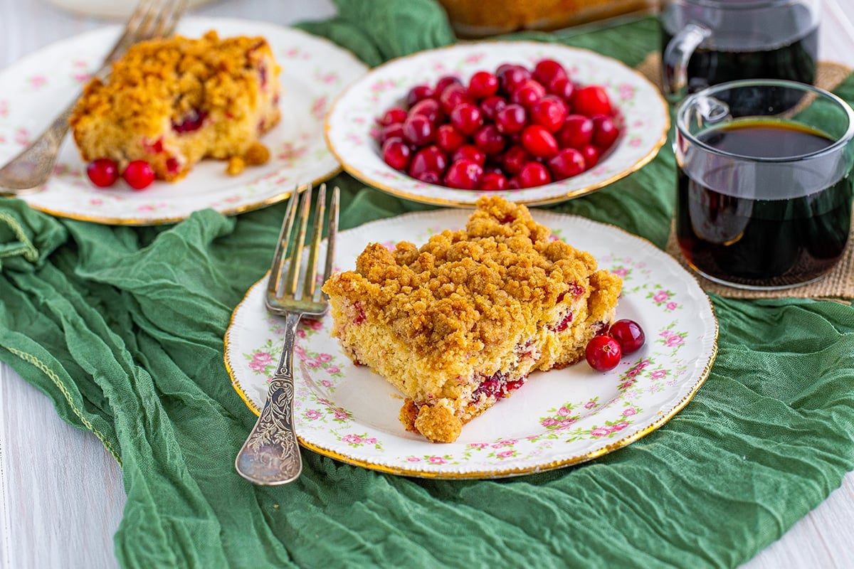 slice of coffee cake with fork on plate