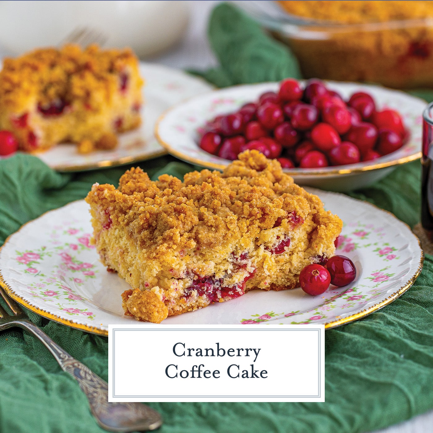 plate of cranberry coffee cake with text overlay for facebook