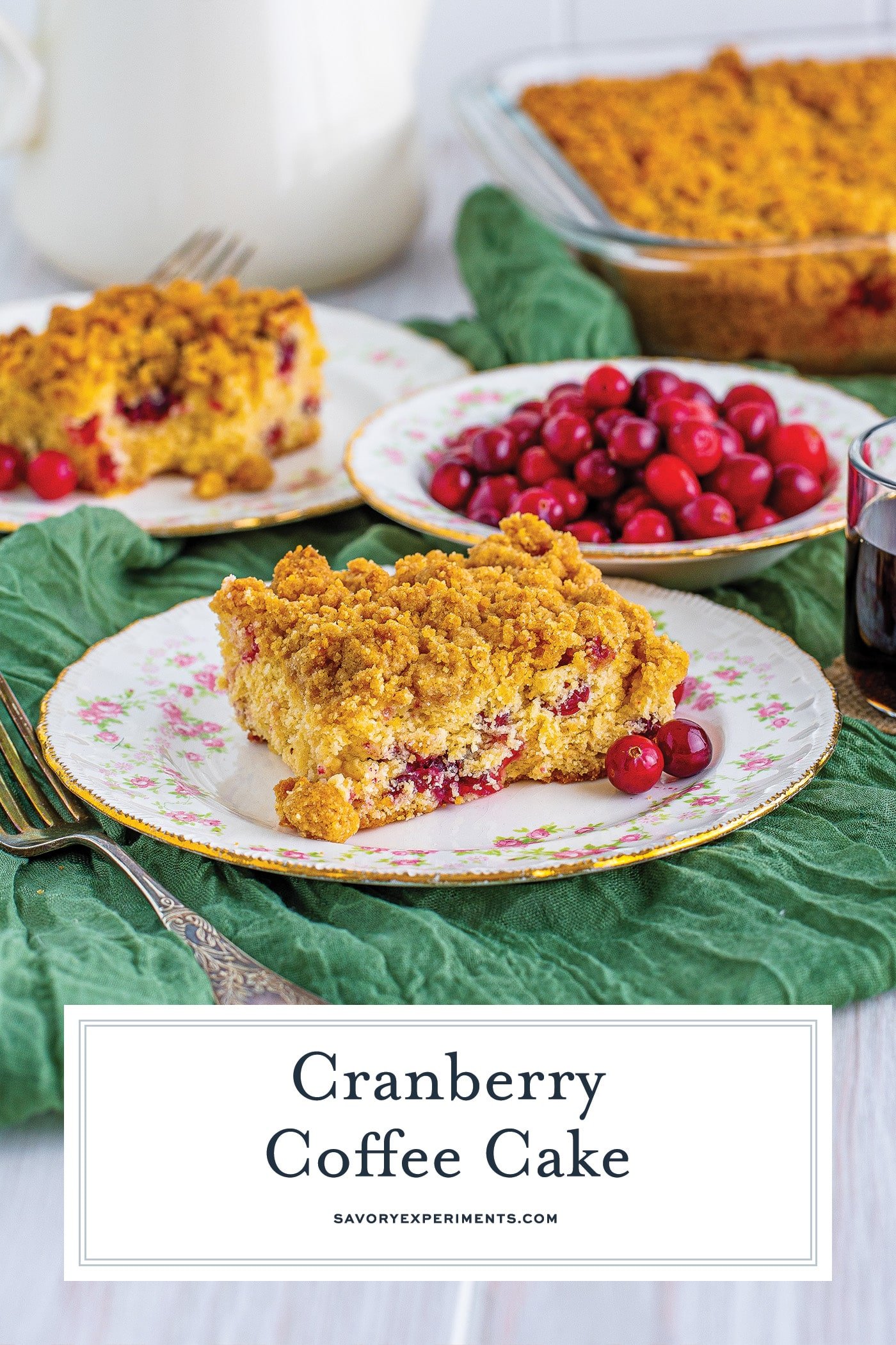 slice of cranberry coffee cake with text overlay for pinterest