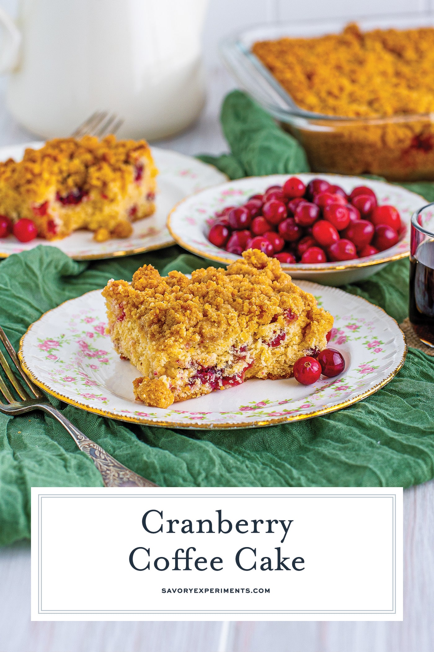 slice of cranberry coffee cake with text overlay for pinterest