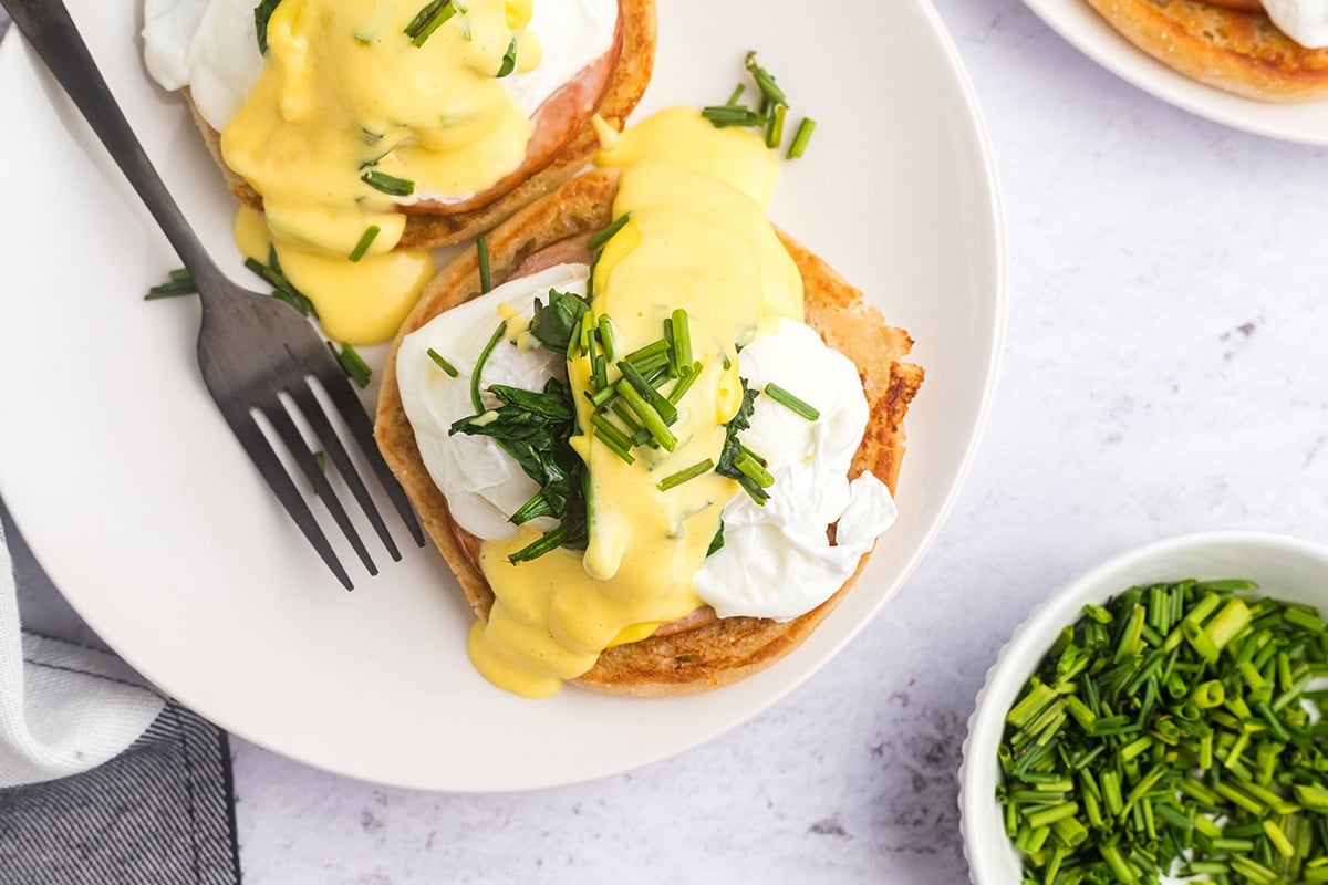 overhead shot of one eggs benedict