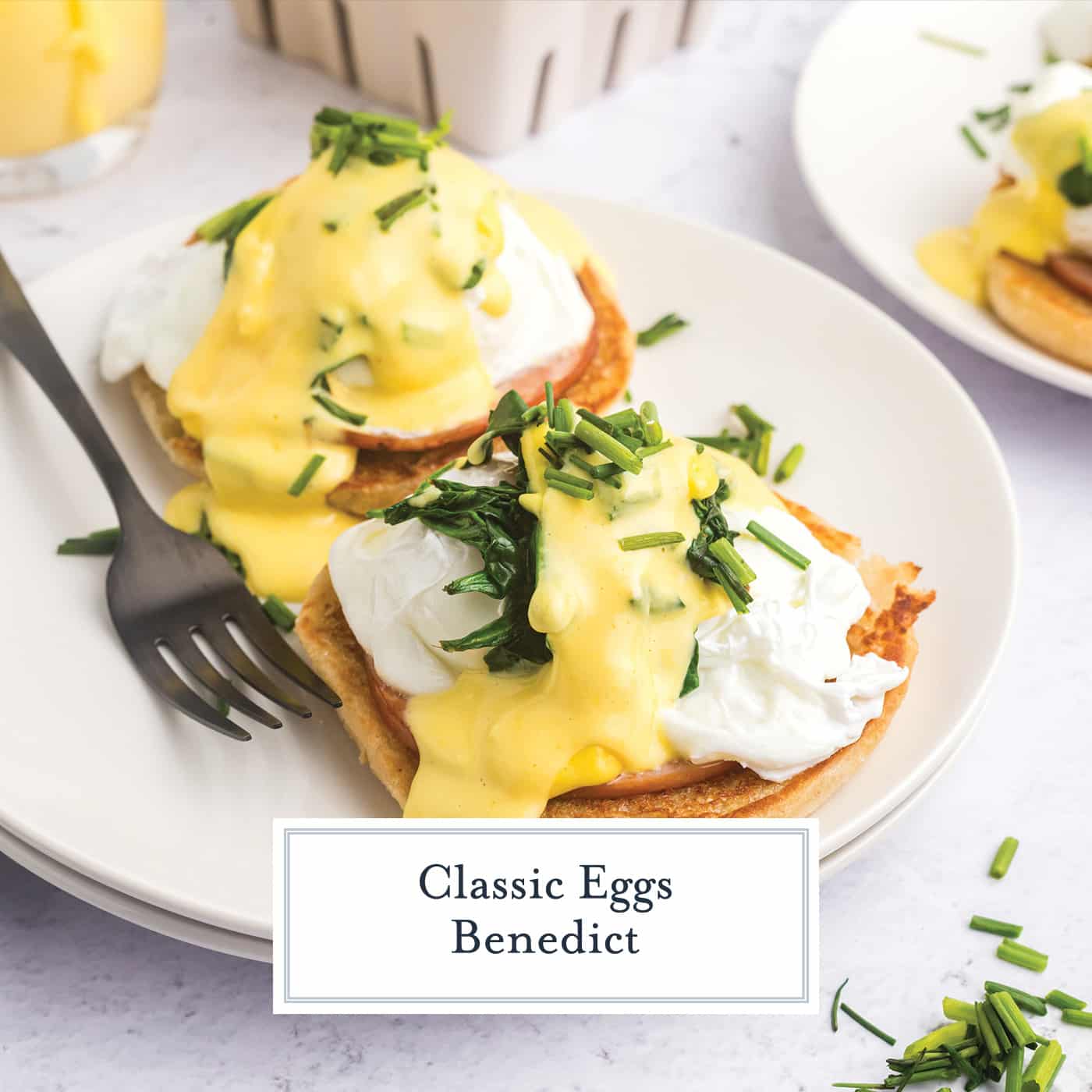 eggs benedict on plate with text overlay for facebook