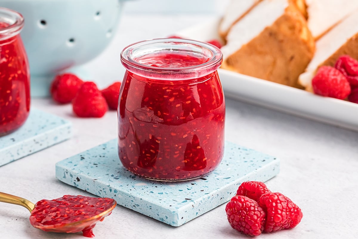 jar of fresh raspberry topping