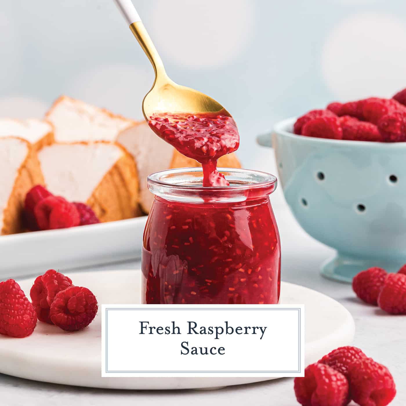 spoon dipping into raspberry sauce with text overlay for facebook