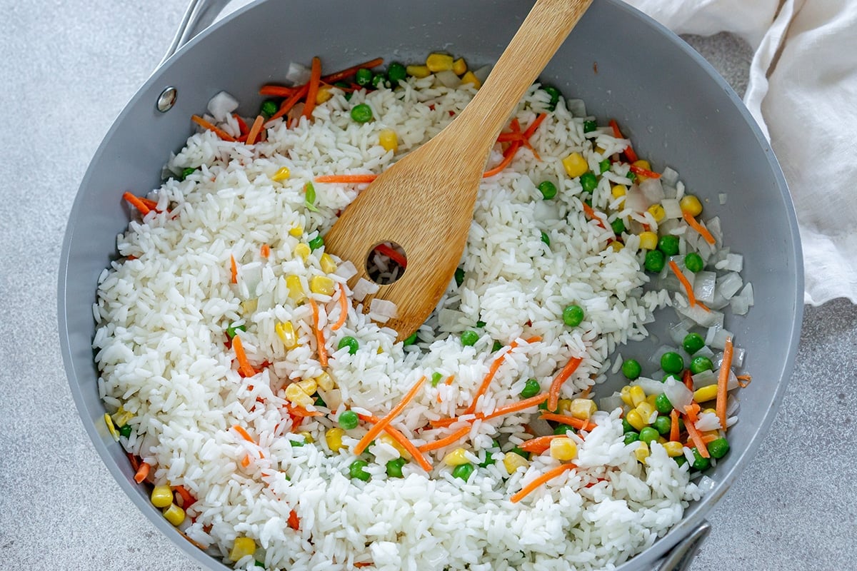 rice added to sautéed veggies