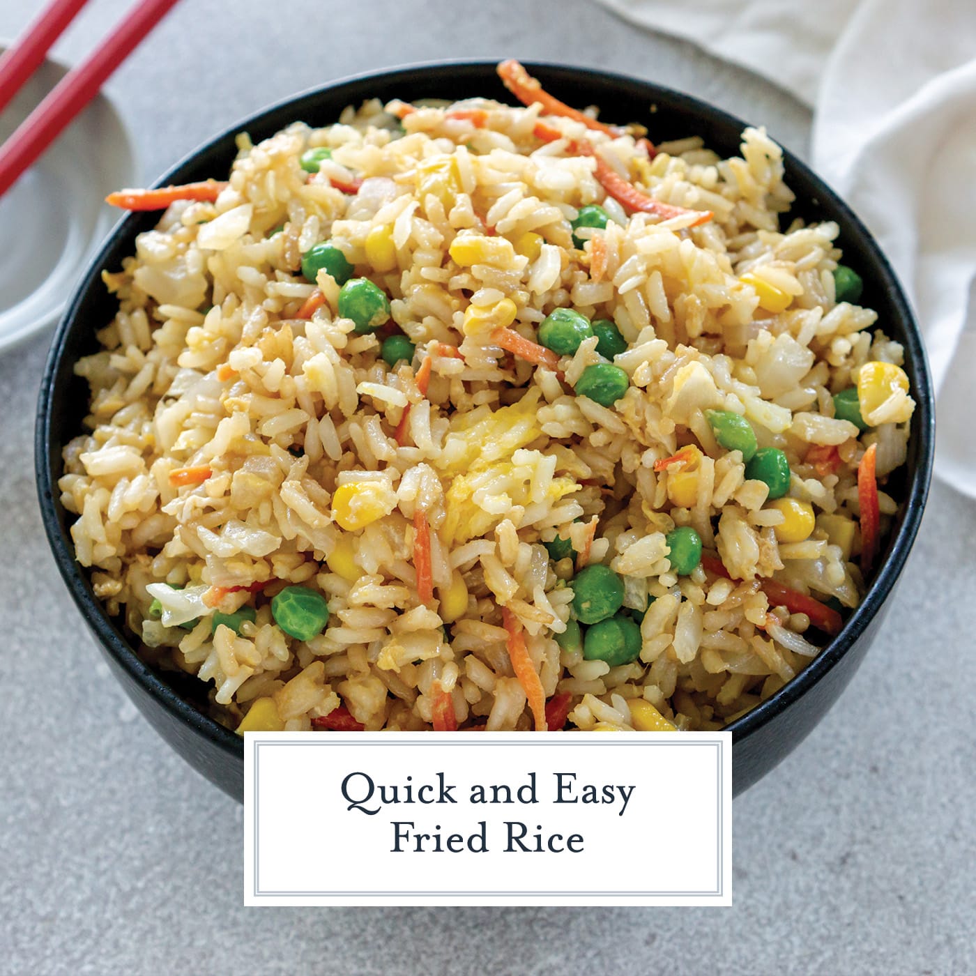 bowl of fried rice with text overlay for facebook