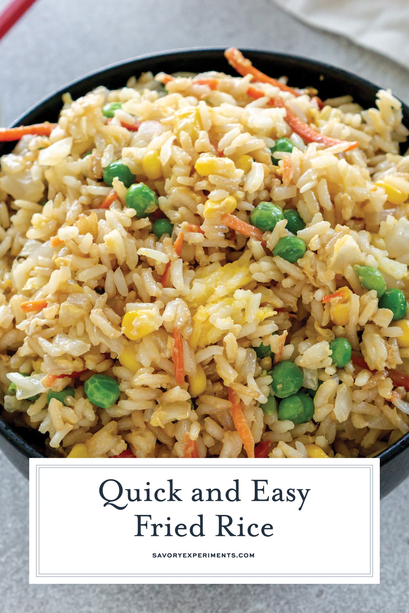 bowl of fried rice with text overlay for pinterest