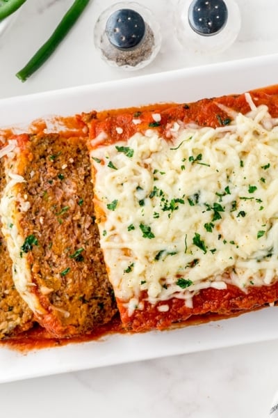 overhead shot of meatloaf topped with cheese