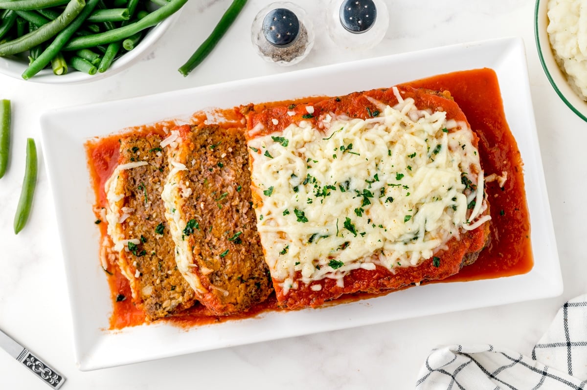 overhead shot of meatloaf topped with cheese