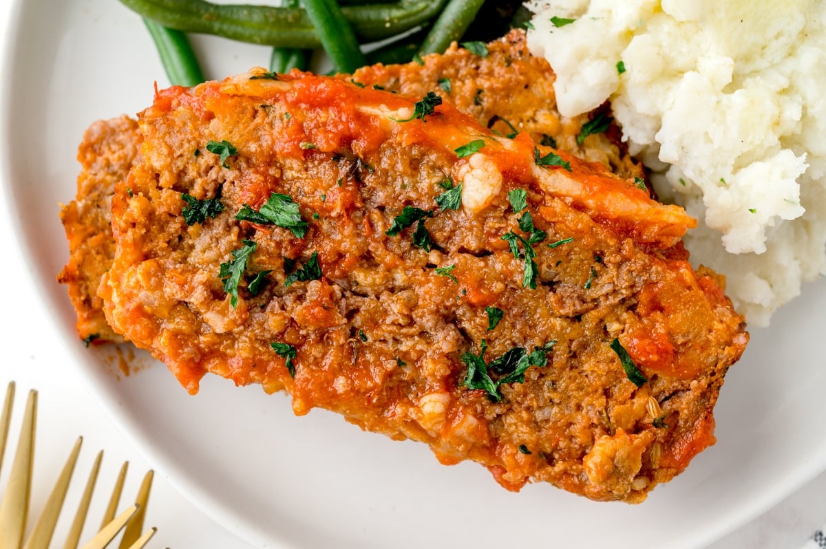 overhead shot of slice of italian meatloaf