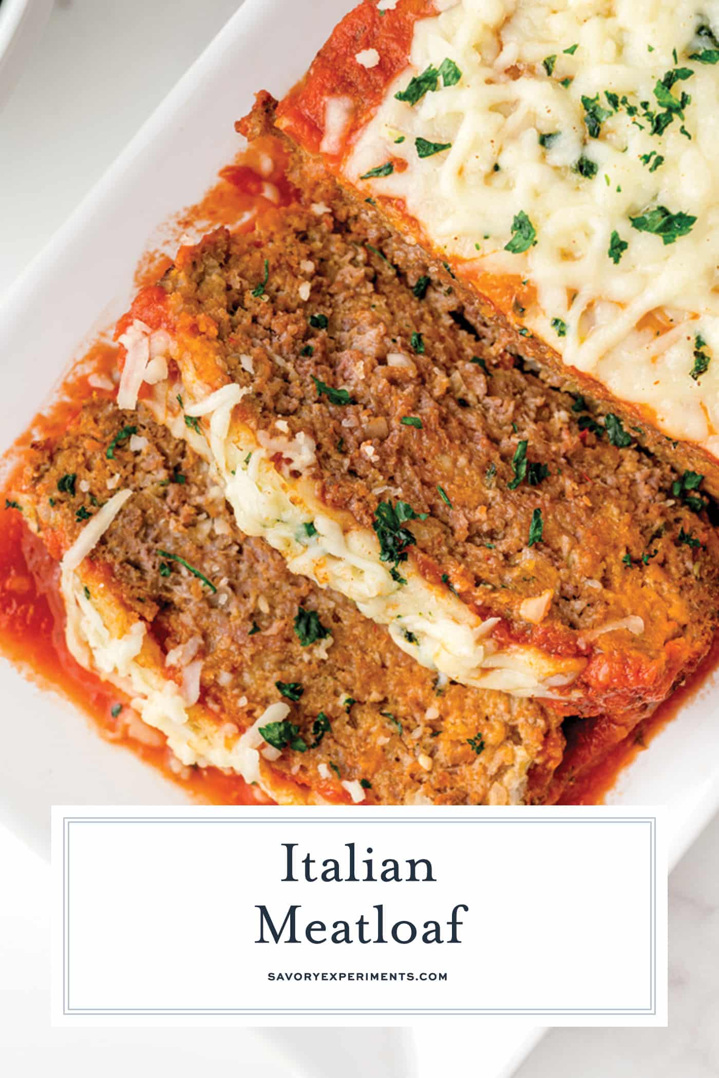 sliced italian meatloaf with text overlay for pinterest