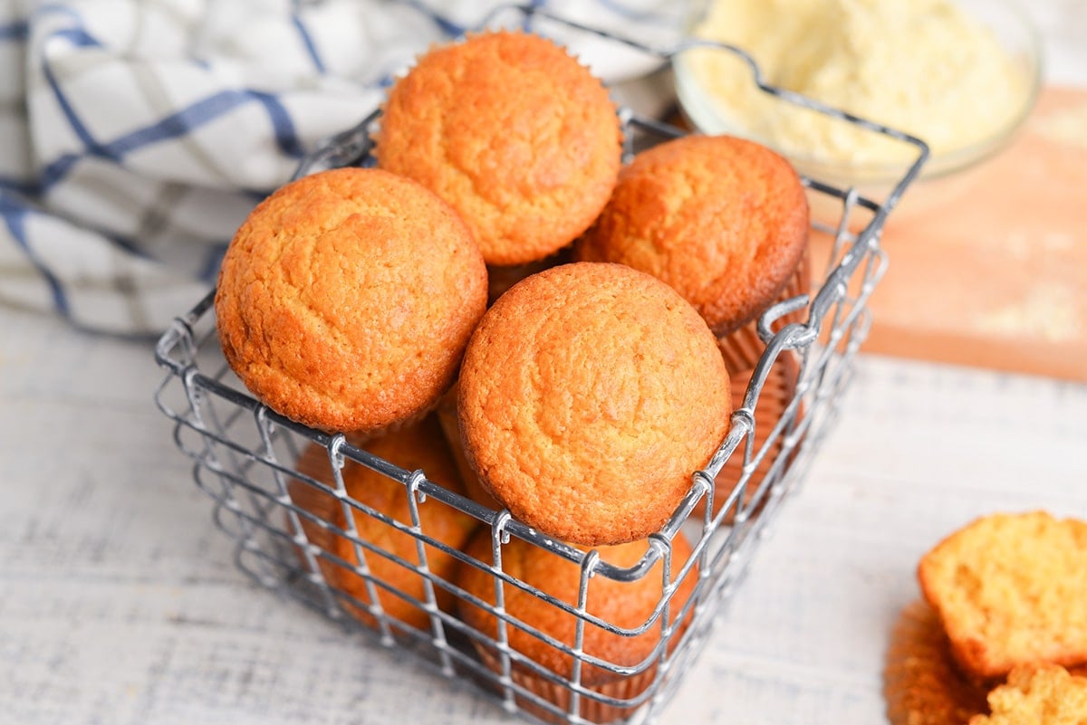 wire basket of cornbread muffins