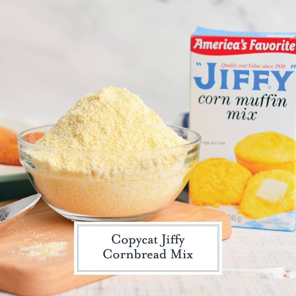 bowl of dry jiffy cornbread mix with text overlay