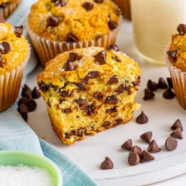 jumbo chocolate chip muffin cut in half