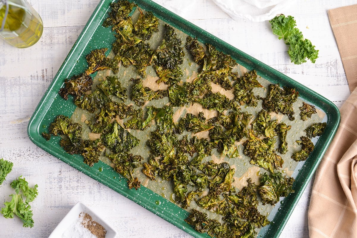 cooked kale on a baking sheet
