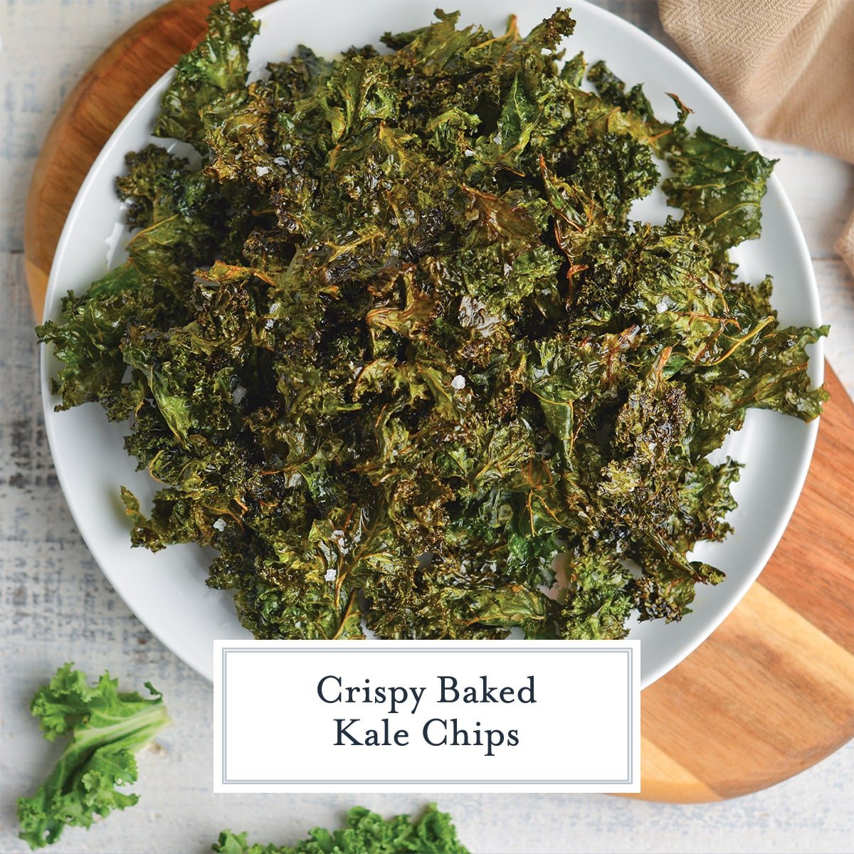 overhead of kale chips with text overlay