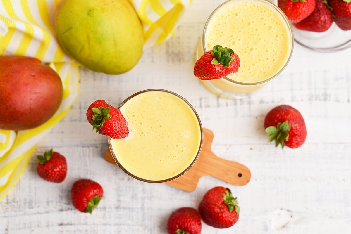 overhead of two glasses of morning smoothies