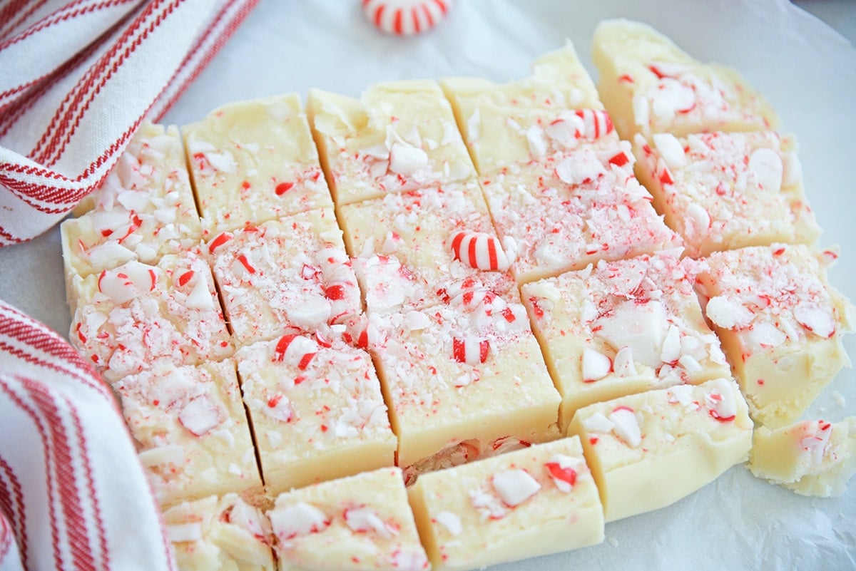 white chocolate peppermint fudge cut into small squares