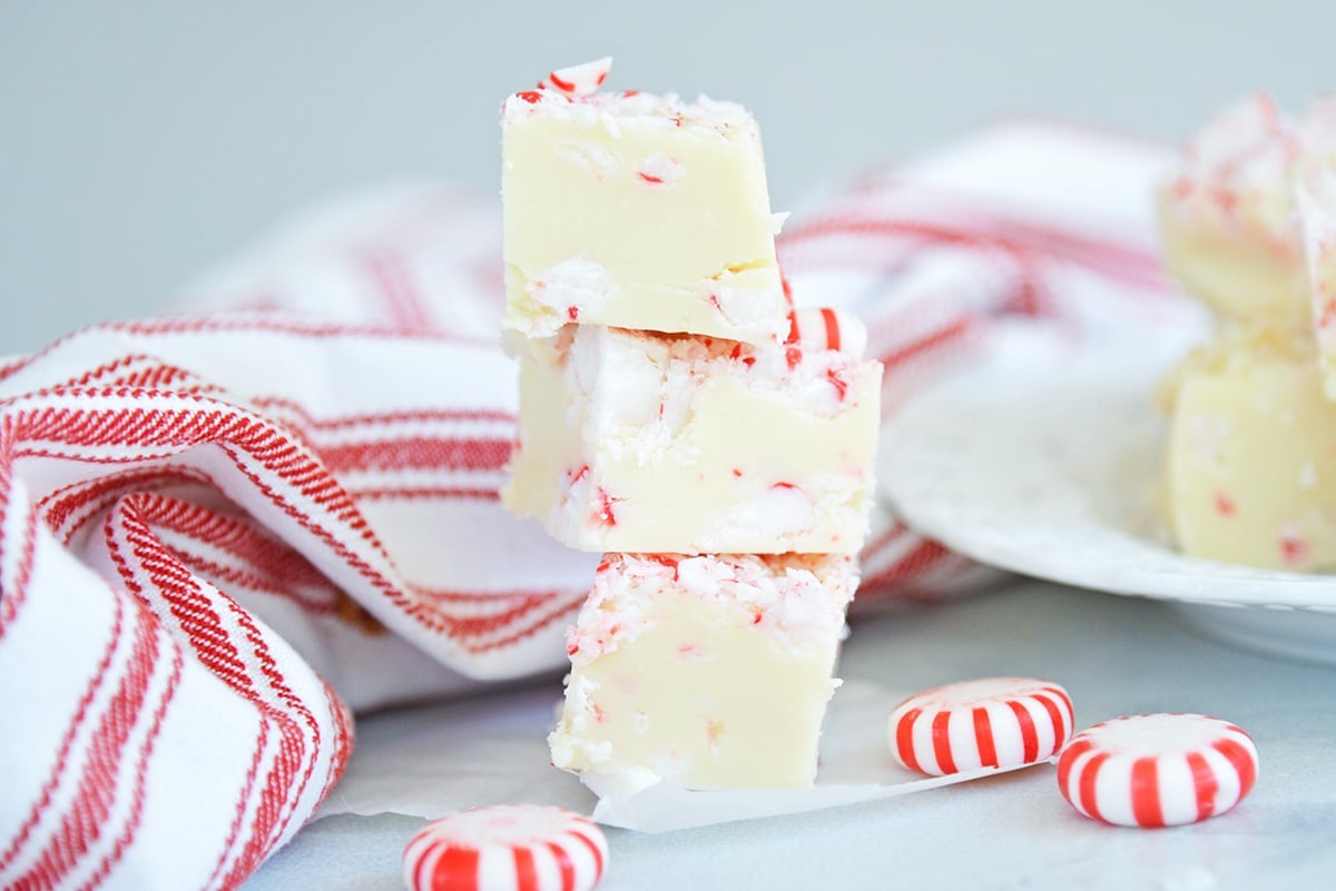 stack of fudge with red linen